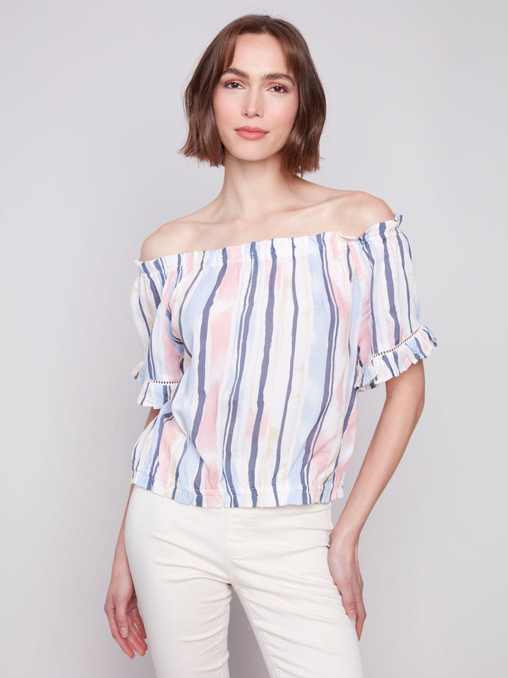 PRINTED SHORT SLEEVE PEASANT BLOUSE - NAUTICAL