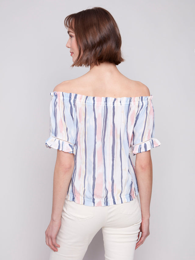 PRINTED SHORT SLEEVE PEASANT BLOUSE - NAUTICAL