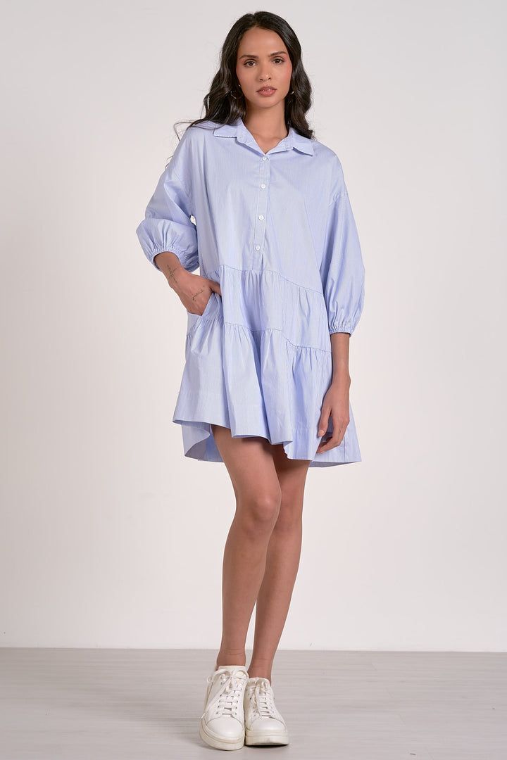 3/4 SLEEVE TIERED SHORT DRESS - BLUE STRIPE