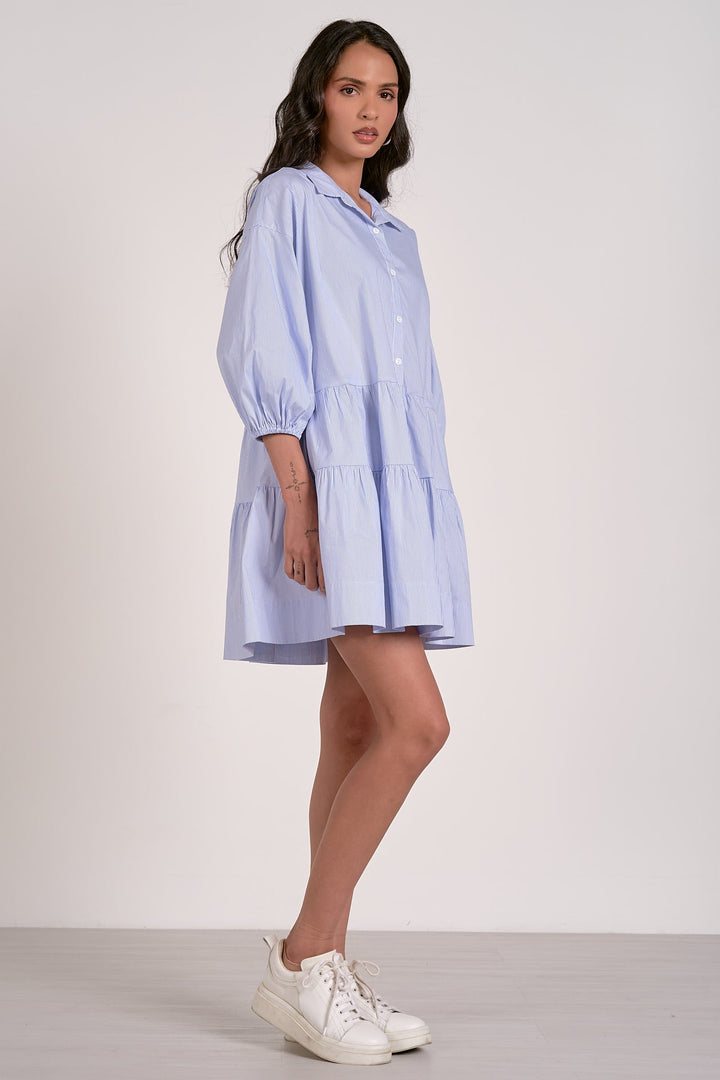 3/4 SLEEVE TIERED SHORT DRESS - BLUE STRIPE