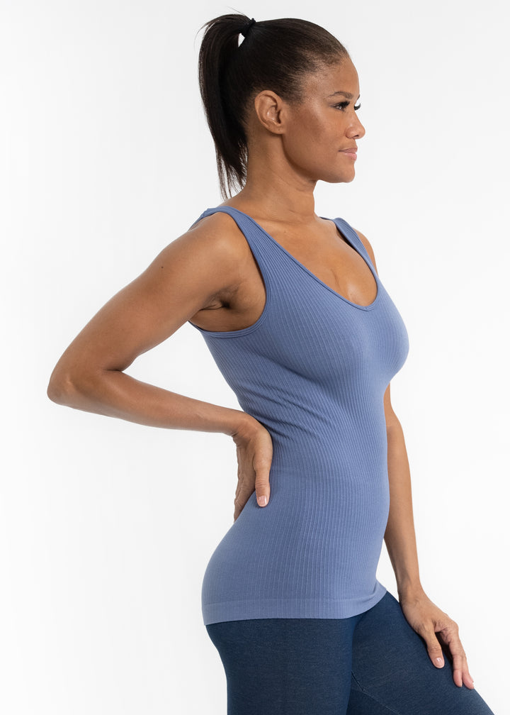 SEAMLESS RIBBED REVERSIBLE TANK - STEEL BLUE