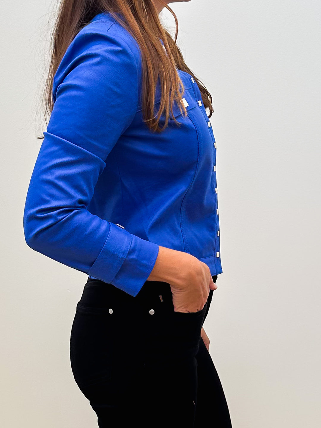 BUTTON FRONT SQUARE DETAIL SUEDE SHORT JACKET - ROYAL BLUE