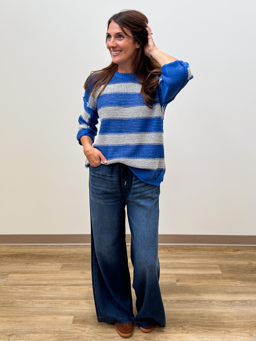 3/4 SLEEVE STRIPED CHUNKY KNIT SWEATER - BLUE GREY