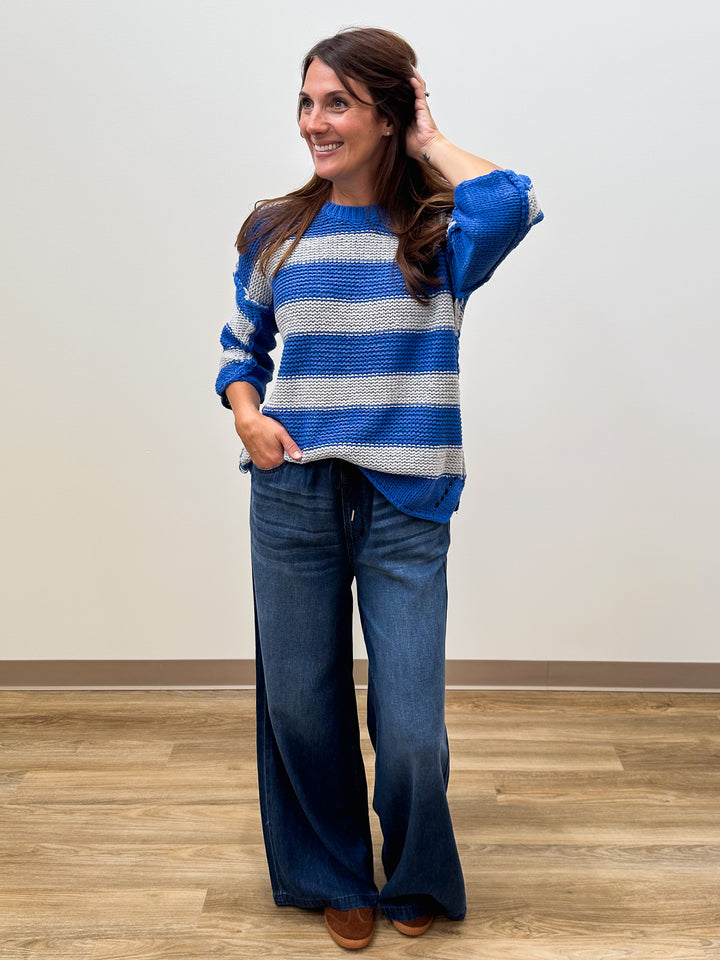 3/4 SLEEVE STRIPED CHUNKY KNIT SWEATER - BLUE GREY
