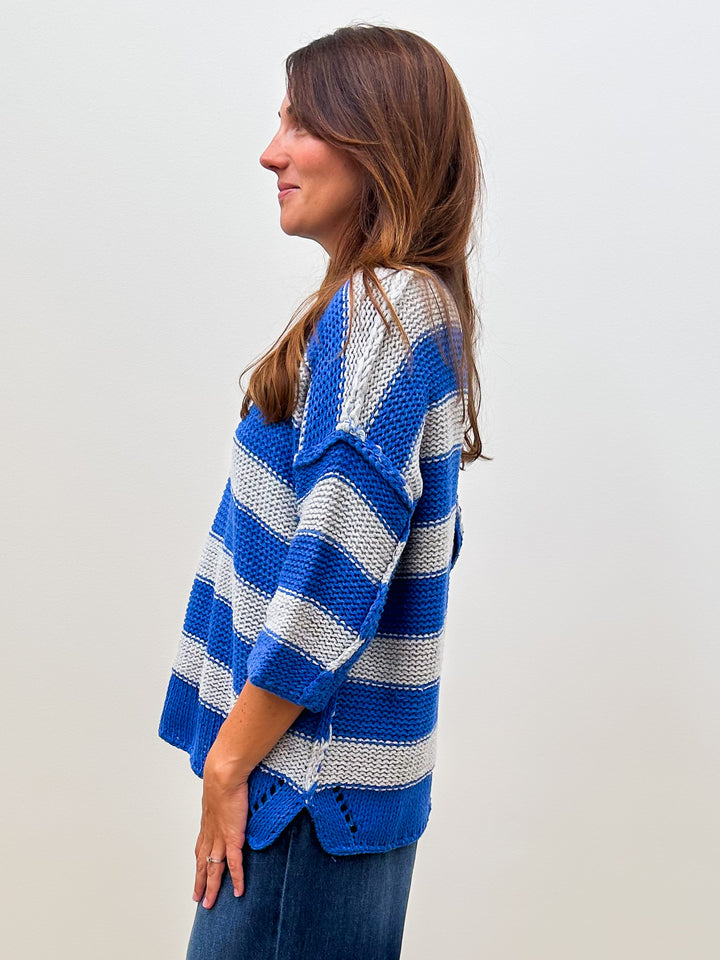 3/4 SLEEVE STRIPED CHUNKY KNIT SWEATER - BLUE GREY