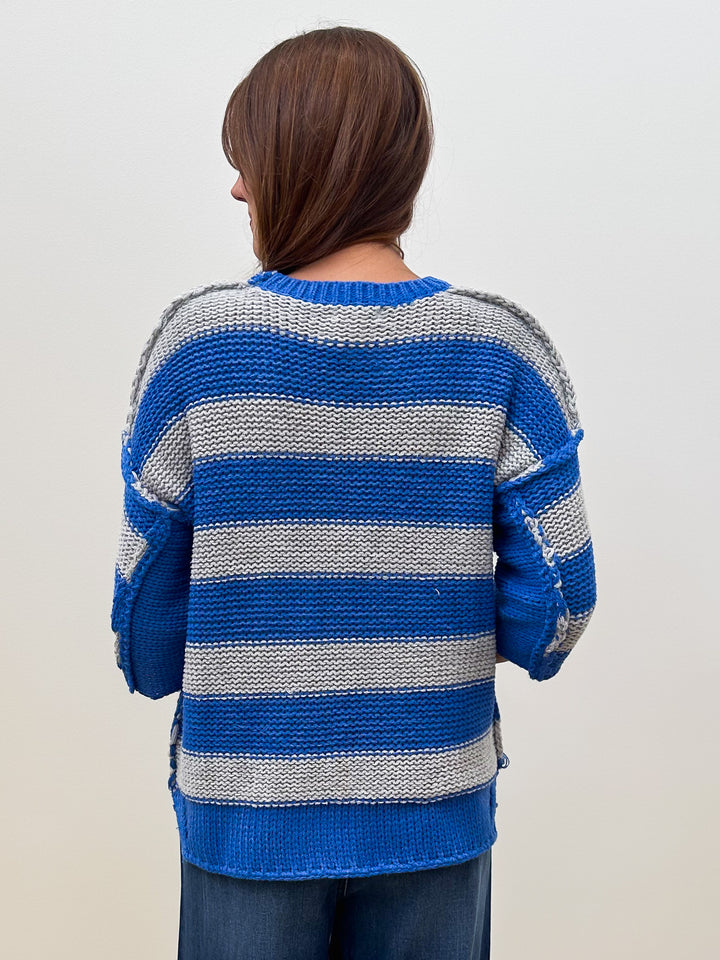 3/4 SLEEVE STRIPED CHUNKY KNIT SWEATER - BLUE GREY