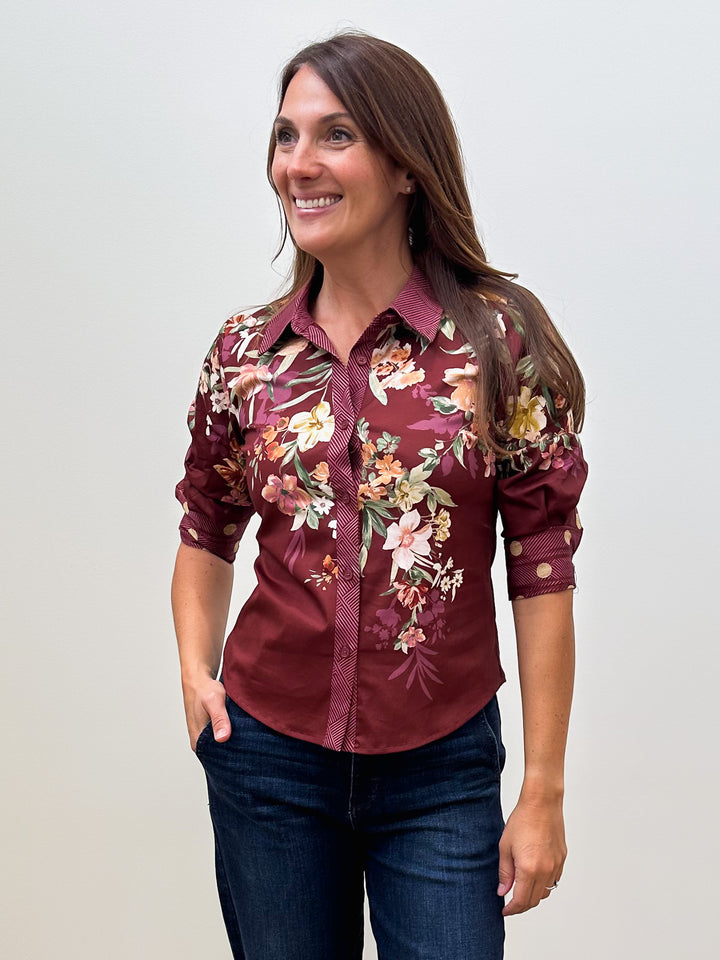 3/4 ROLL TAB SLEEVE BUTTON DOWN BLOUSE - BURGUNDY
