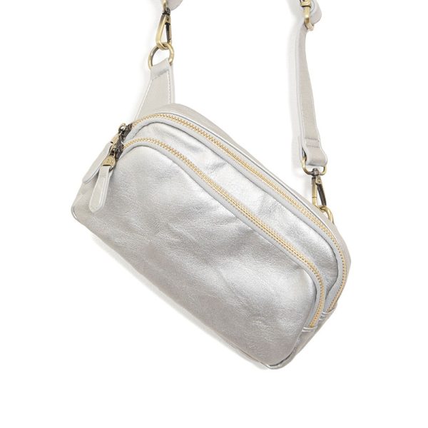 KYLIE DOUBLE ZIP SLING/BELT BAG - METALLIC SILVER