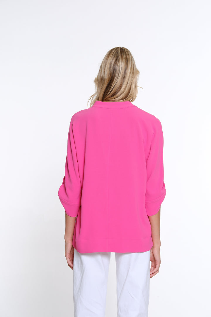 ROLL TAB CUFFED DOLMAN SLEEVE Y-NECK TOP - FUCHSIA