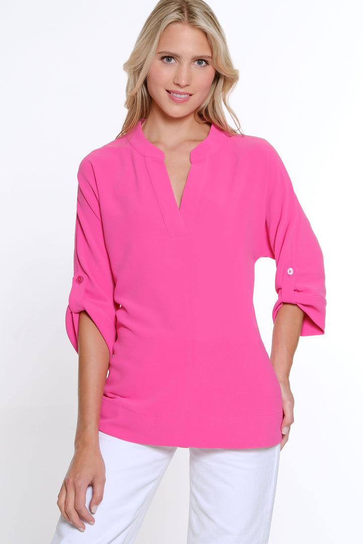 ROLL TAB CUFFED DOLMAN SLEEVE Y-NECK TOP - FUCHSIA