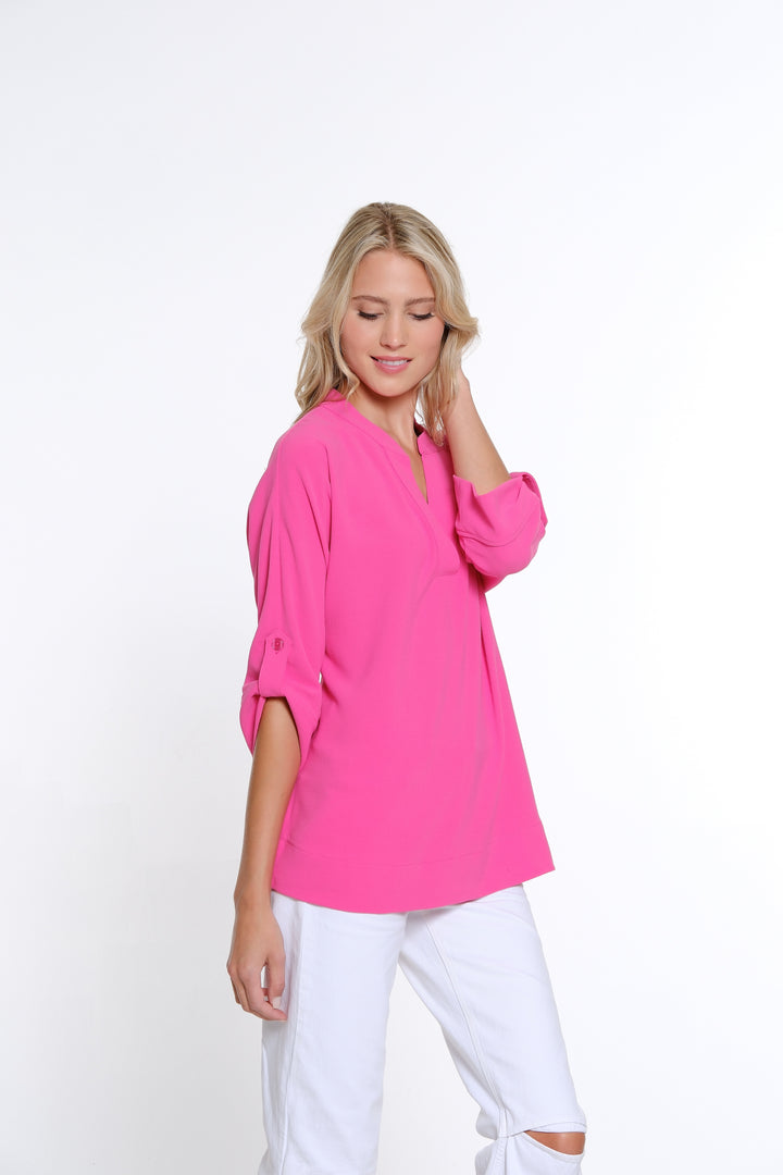 ROLL TAB CUFFED DOLMAN SLEEVE Y-NECK TOP - FUCHSIA