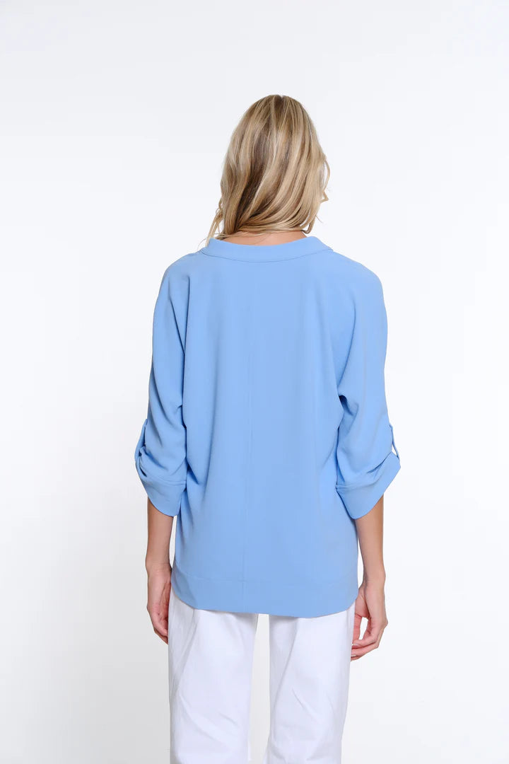 ROLL TAB CUFFED DOLMAN SLEEVE Y-NECK BAND COLLAR - CORNFLOWER BLUE