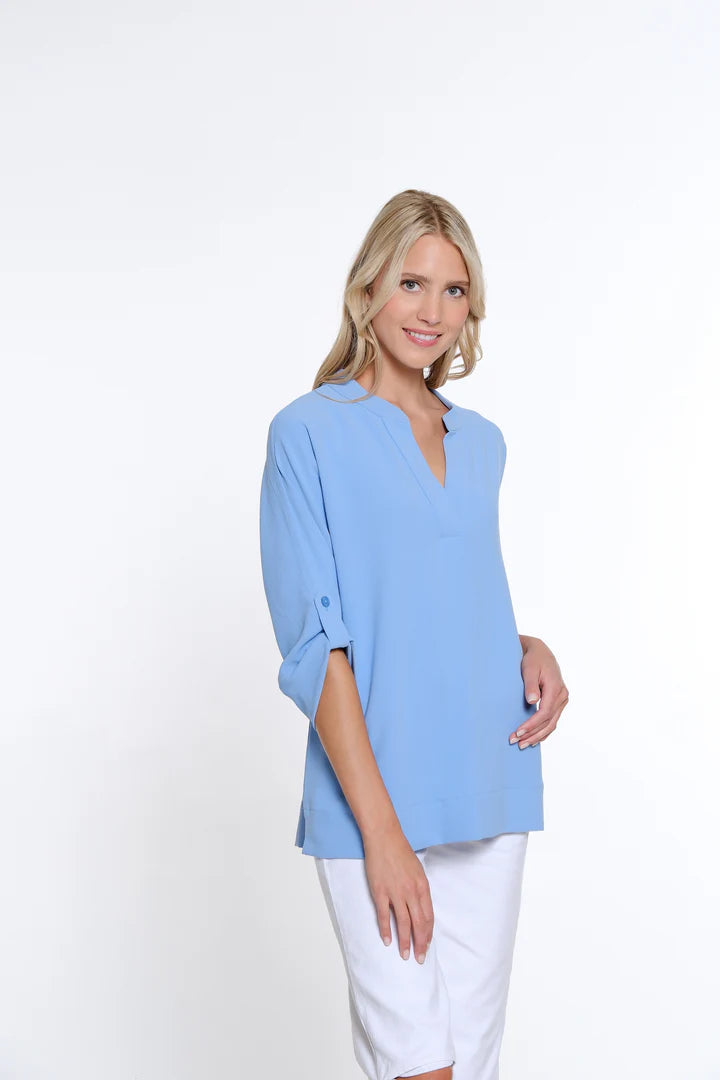 ROLL TAB CUFFED DOLMAN SLEEVE Y-NECK BAND COLLAR - CORNFLOWER BLUE