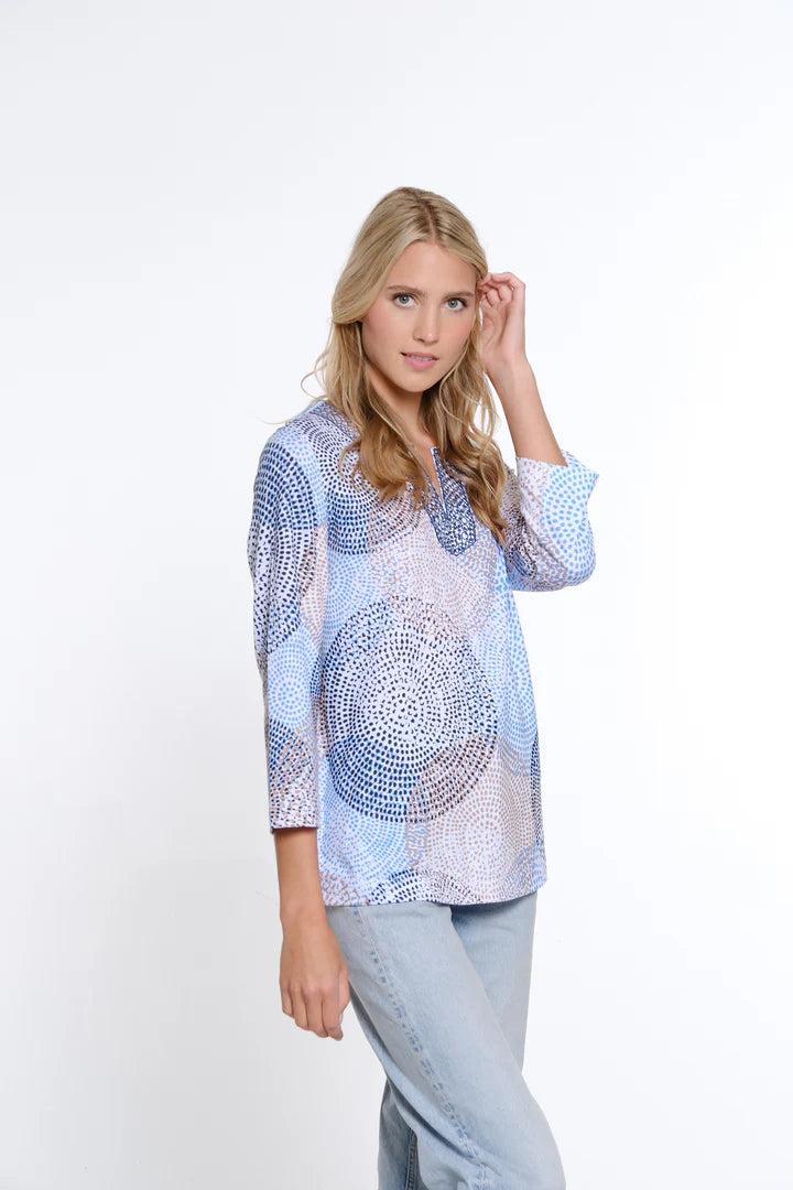 3/4 SLEEVE NOTCH NECK EMBROIDERED BAND TOP - CAMEL/NAVY