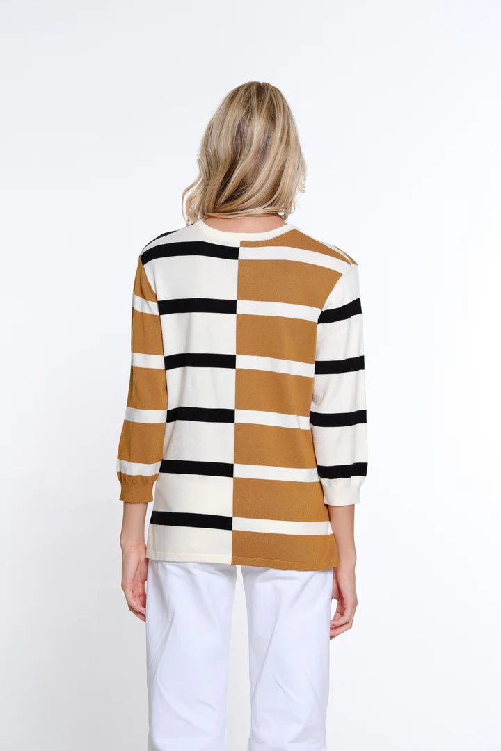 3/4 SLEEVE STRIPED COLOR BLOCK SWEATER - CAMEL/NAVY