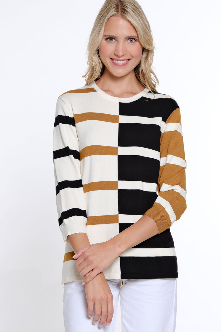 3/4 SLEEVE STRIPED COLOR BLOCK SWEATER - CAMEL/NAVY