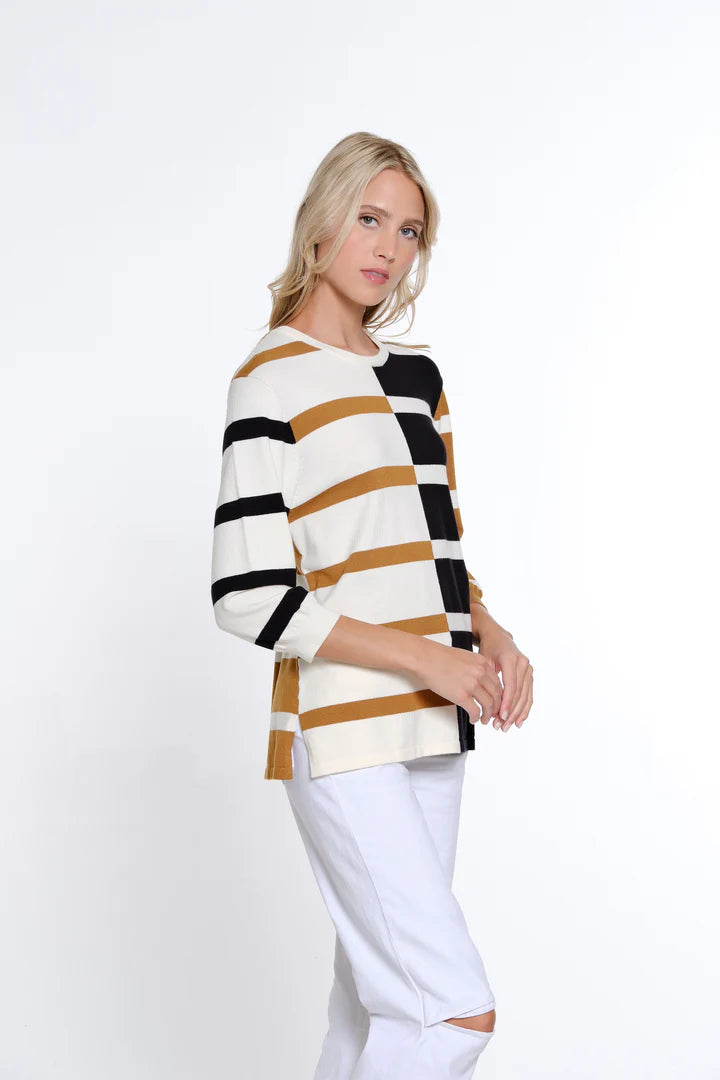 3/4 SLEEVE STRIPED COLOR BLOCK SWEATER - CAMEL/NAVY