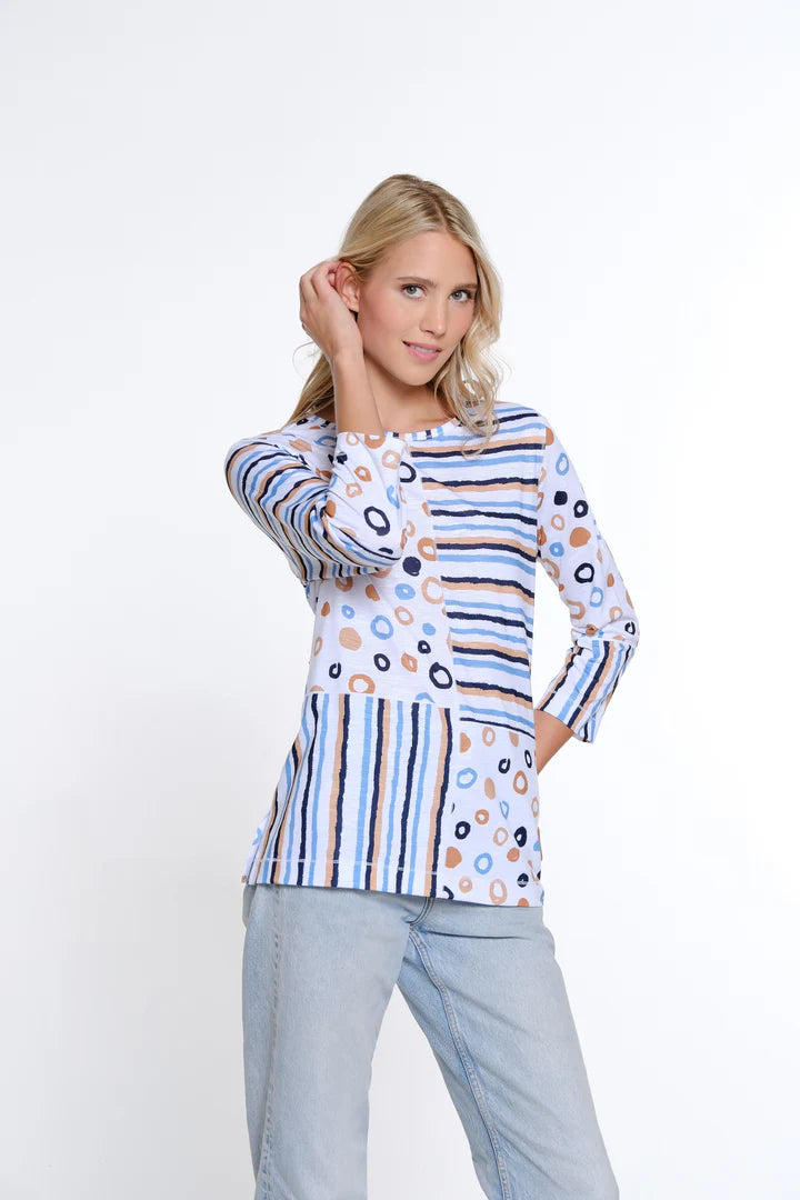 3/4 SLEEVE SCOOP NECK MULTI PANEL TOP - CAMEL/NAVY STRIPES/CIRLCES