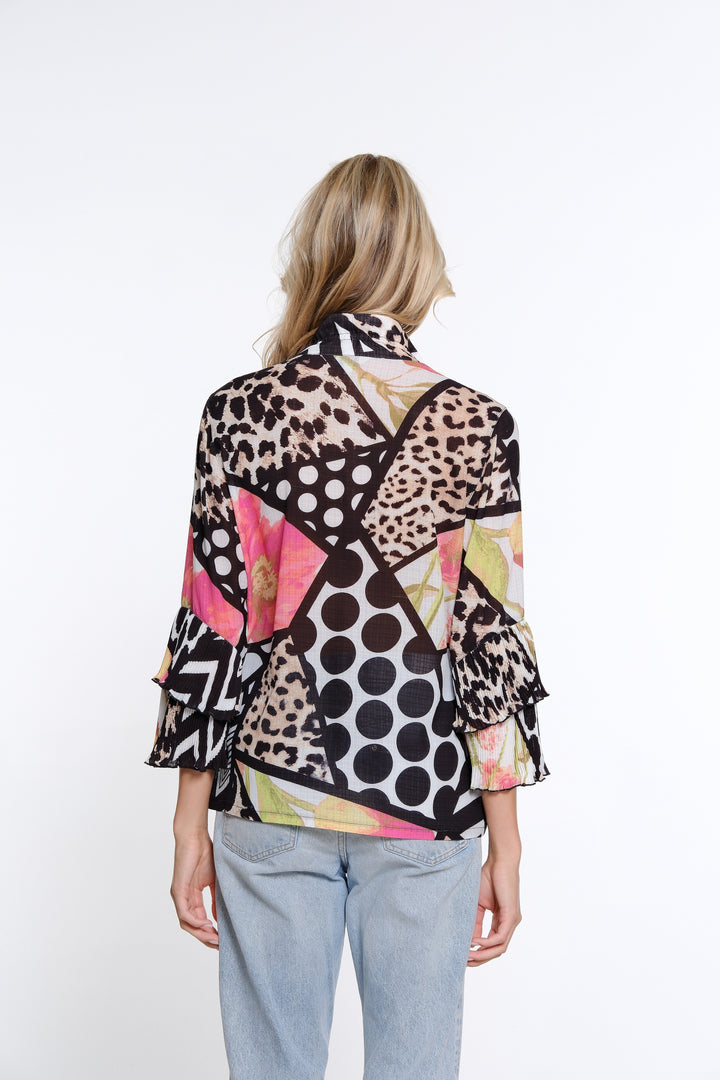 3/4 FLOUNCE SLEEVE COLOR BLOCK ANIMAL PRINT JACKET - FUCHSIA/BLACK