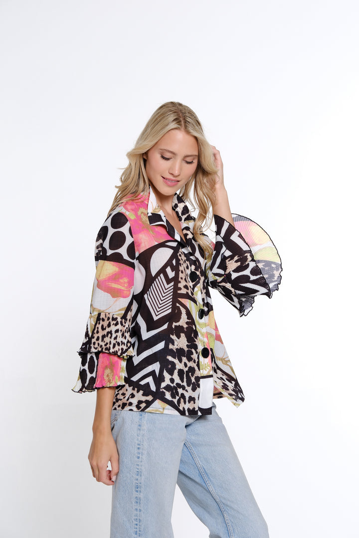 3/4 FLOUNCE SLEEVE COLOR BLOCK ANIMAL PRINT JACKET - FUCHSIA/BLACK