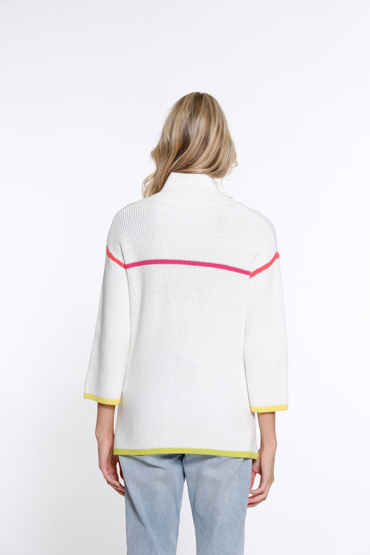 3/4 SLEEVE DROP SHOULDER COLLARED SWEATER TOP - WHITE