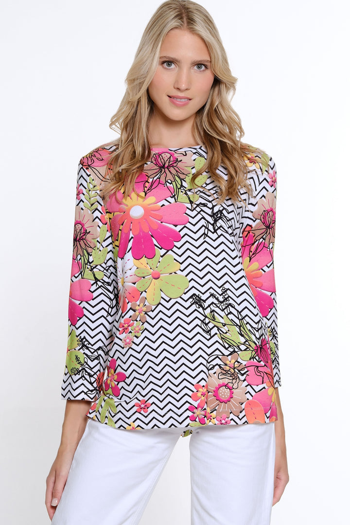 3/4 SLEEVE SCOOP NECK EMBELLISHED FLOWER TOP - FUCHSIA/BLACK