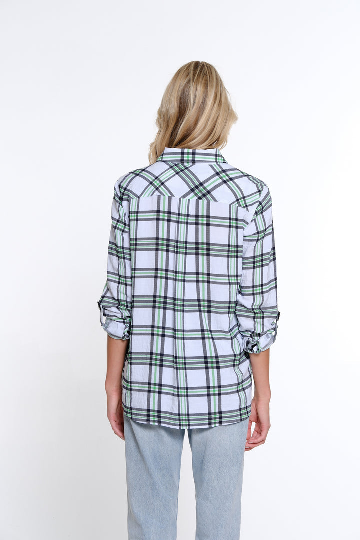 ROLL TAB LONG SLEEVE BUTTON FRONT HI/LOW PLAID SHIRT - WHITE/GREEN/NAVY