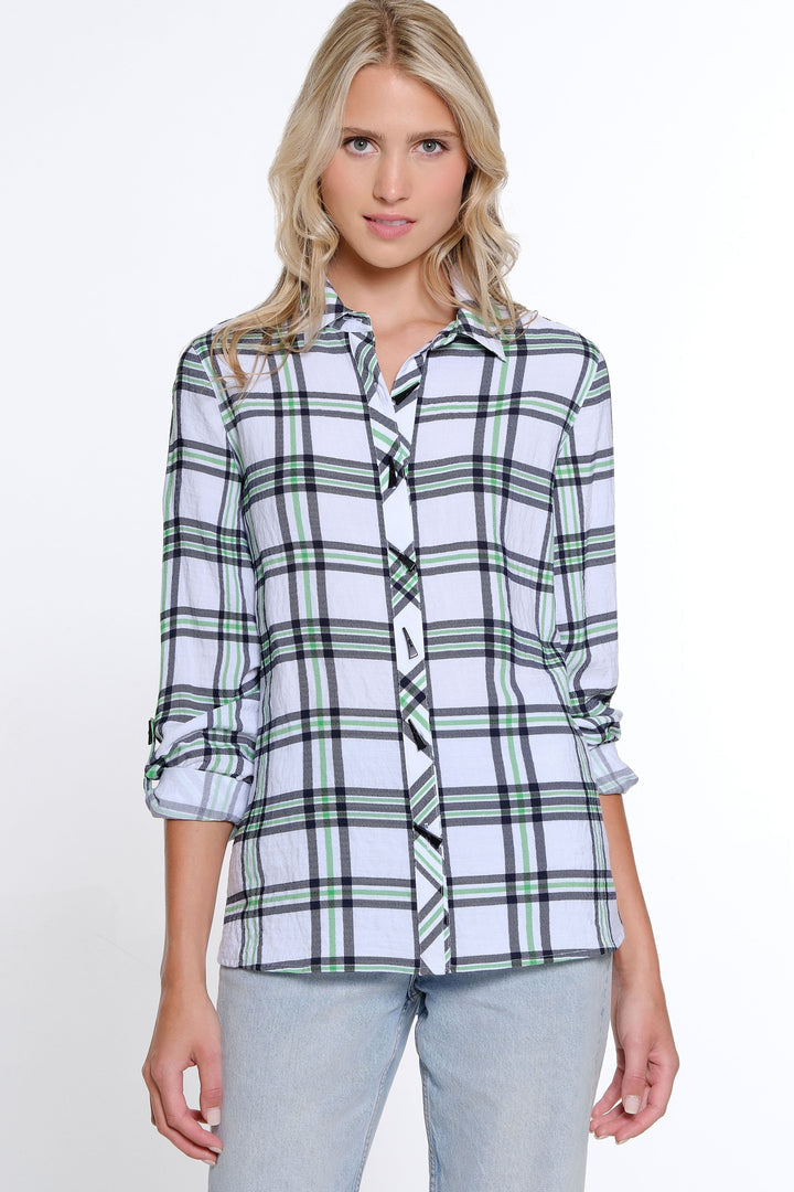ROLL TAB LONG SLEEVE BUTTON FRONT HI/LOW PLAID SHIRT - WHITE/GREEN/NAVY