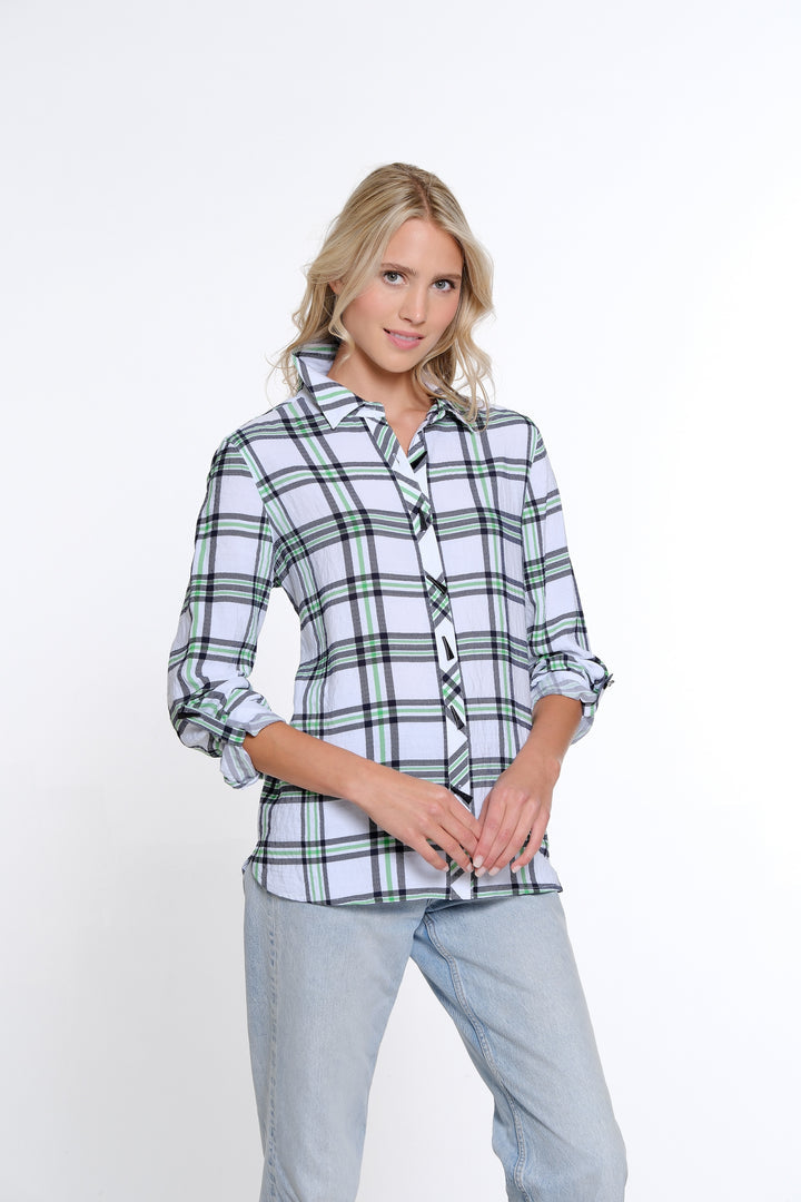 ROLL TAB LONG SLEEVE BUTTON FRONT HI/LOW PLAID SHIRT - WHITE/GREEN/NAVY