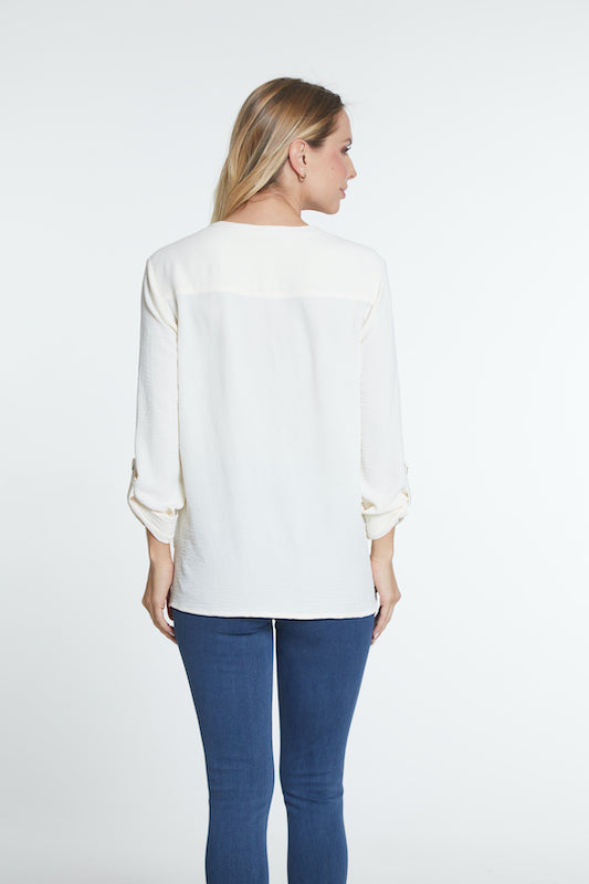 CUFFED TAB 3/4 SLEEVE BUTTON FRONT SHIRT - IVORY