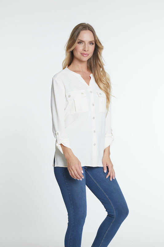 CUFFED TAB 3/4 SLEEVE BUTTON FRONT SHIRT - IVORY