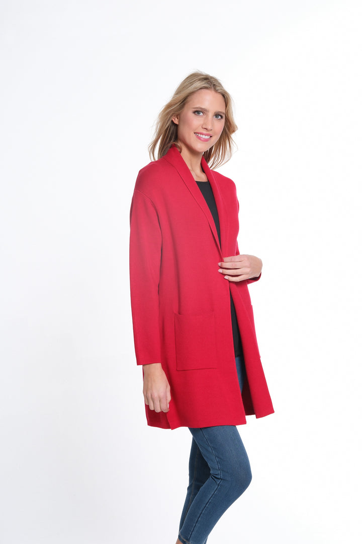 3/4 SLEEVE DROP SHOULDER SHAWL COLLAR OPEN FRONT CARDIGAN SWEATER - VIVID RED