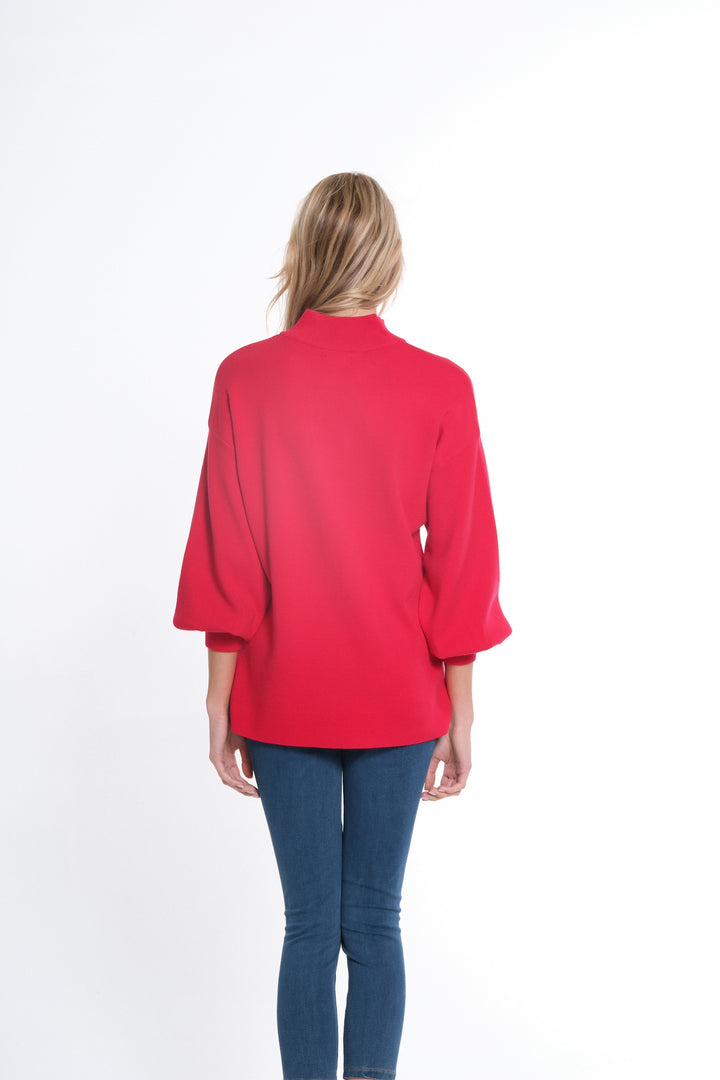 CUFFED 3/4 SLEEVE DROP SHOULDER MOCK NECK SWEATER - VIVID RED