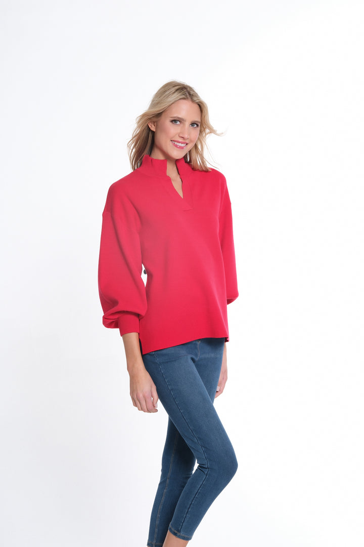 CUFFED 3/4 SLEEVE DROP SHOULDER MOCK NECK SWEATER - VIVID RED