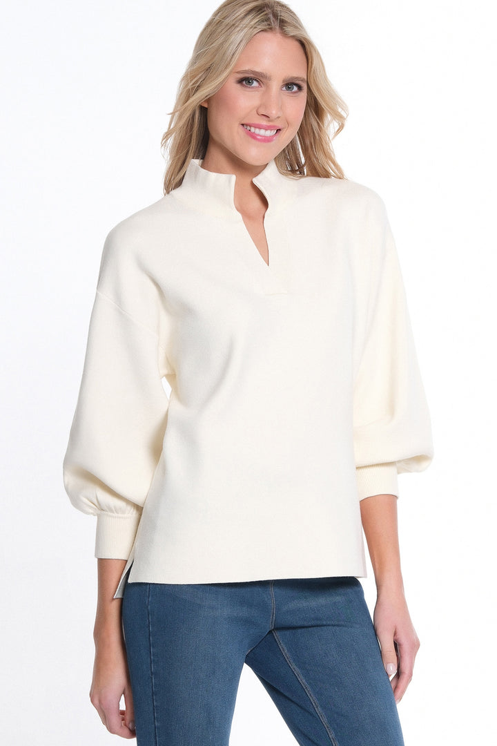 CUFFED 3/4 SLEEVE DROP SHOULDER MOCK NECK SWEATER - WINTER WHITE