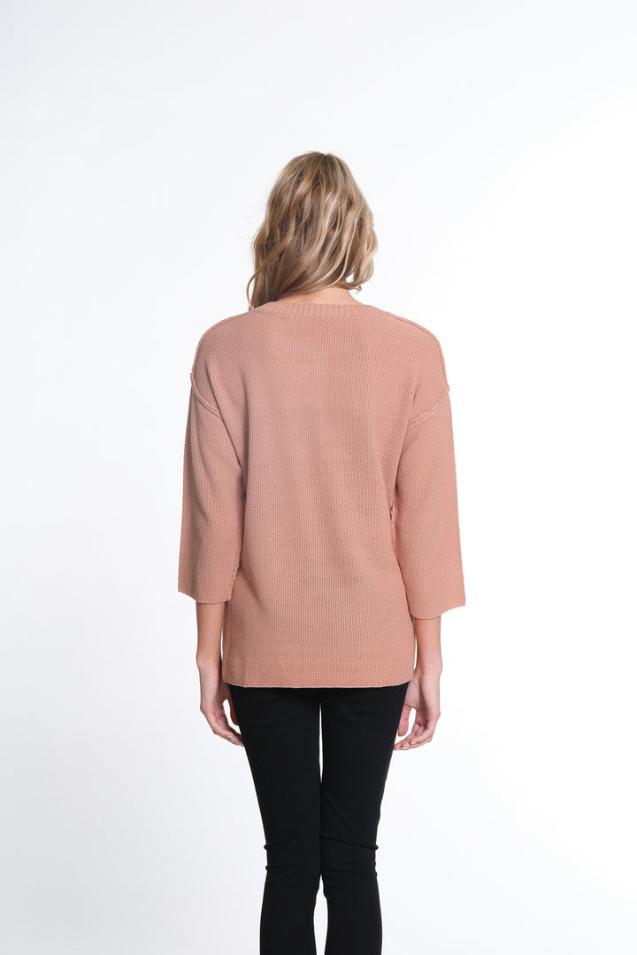 3/4 SLEEVE DROP SHOULDER HI-LO HENLEY SWEATER - SALMON