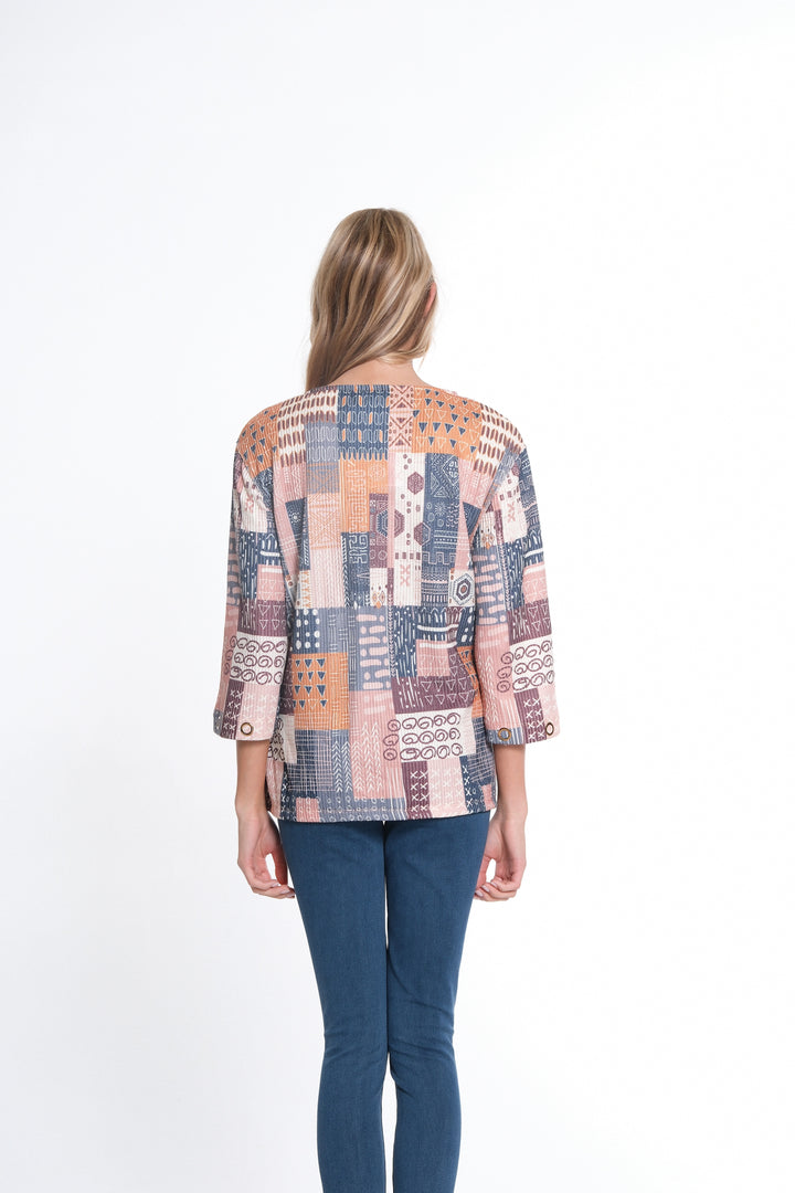 3/4 FLARE SLEEVE DROP SHOULDER SCOOP NECK HI-LO TOP - GREY/SALMON BLOCK PRINTS