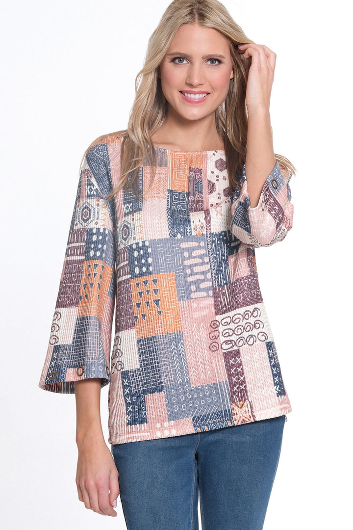 3/4 FLARE SLEEVE DROP SHOULDER SCOOP NECK HI-LO TOP - GREY/SALMON BLOCK PRINTS