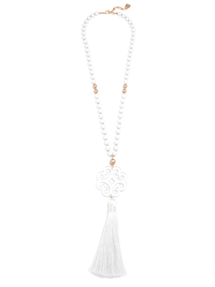 LONG BEADED NECKLACE W/CIRCULAR WAVE PENDANT - WHITE