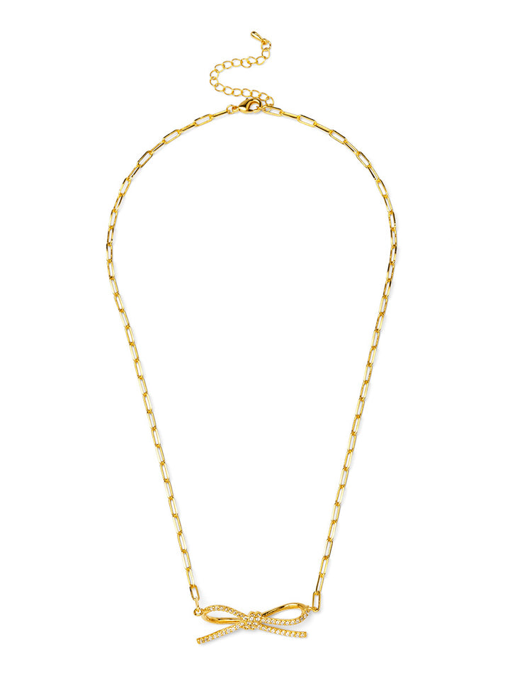 PAVE BOW CHARM SHORT NECKLACE - GOLD/CLEAR