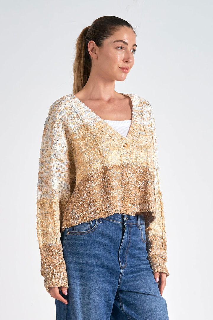 V-NECK BUTTON UP CROPPED CARDIGAN - BEIGE OMBRE