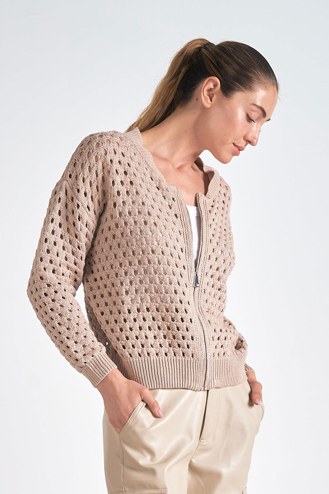 ZIP UP SWEATER CARDIGAN - STONE