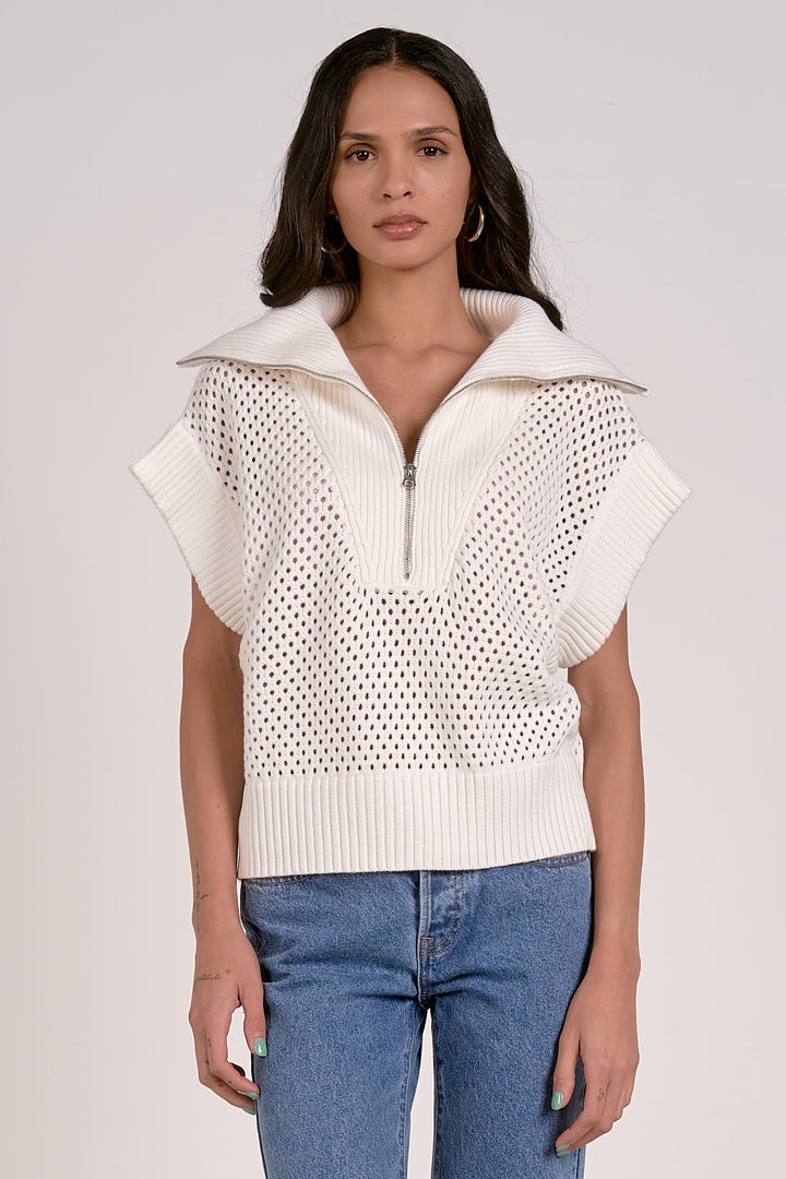 HALF ZIP COLLARED SHORT SLEEVE TOP - WHITE