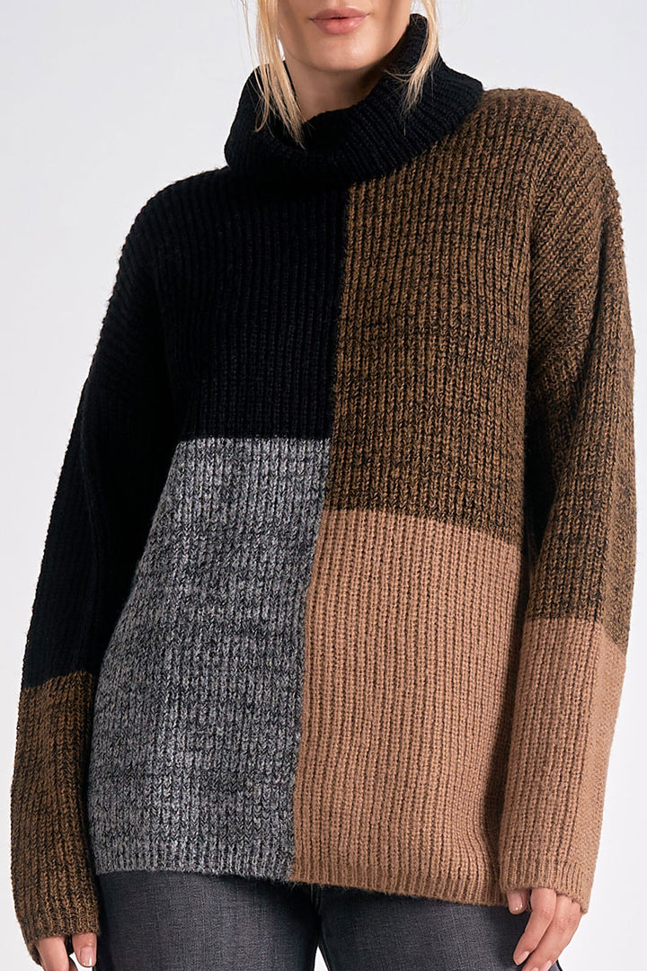 COLOR BLOCK TURTLE NECK SWEATER - BLACK/BROWN