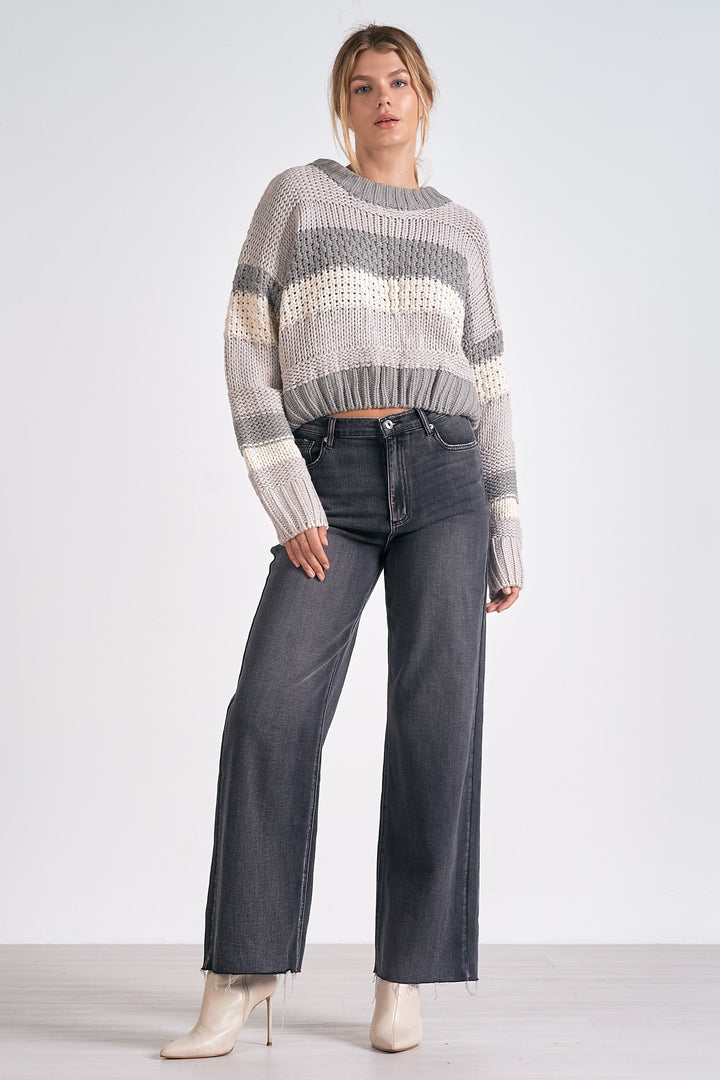 LONG SLEEVE CREW NECK CROPPED SWEATER - GREY STRIPE