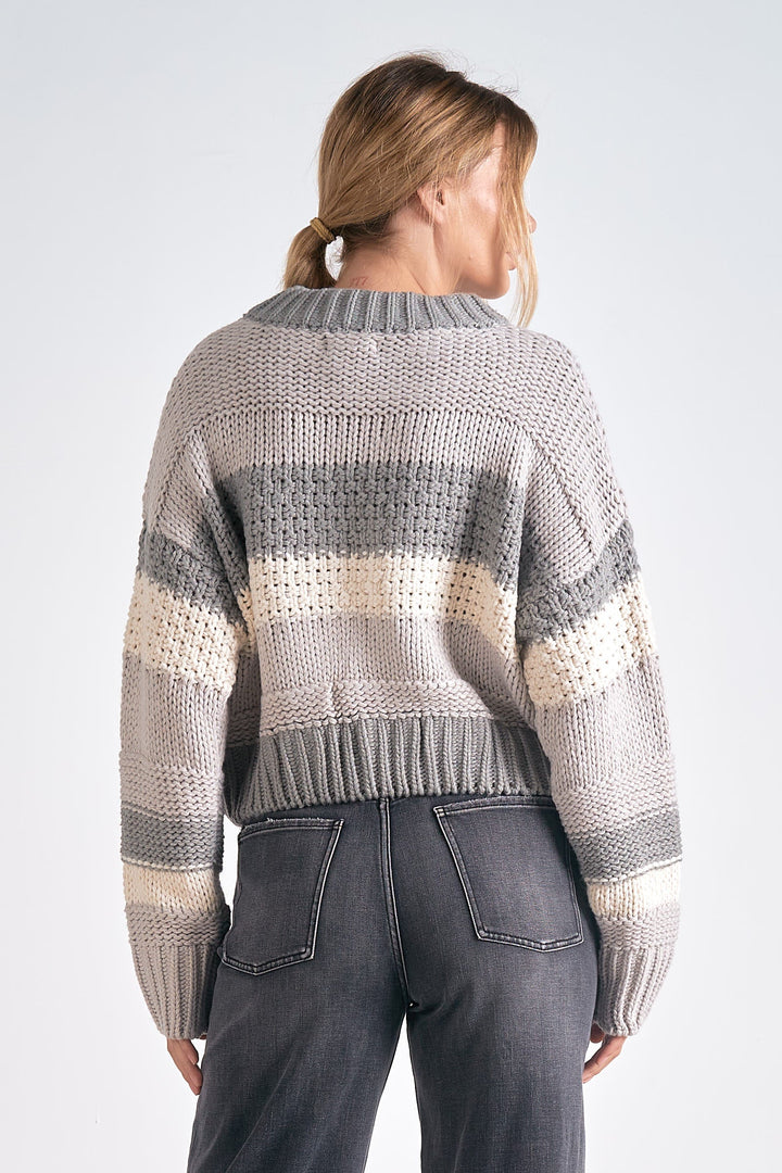 LONG SLEEVE CREW NECK CROPPED SWEATER - GREY STRIPE