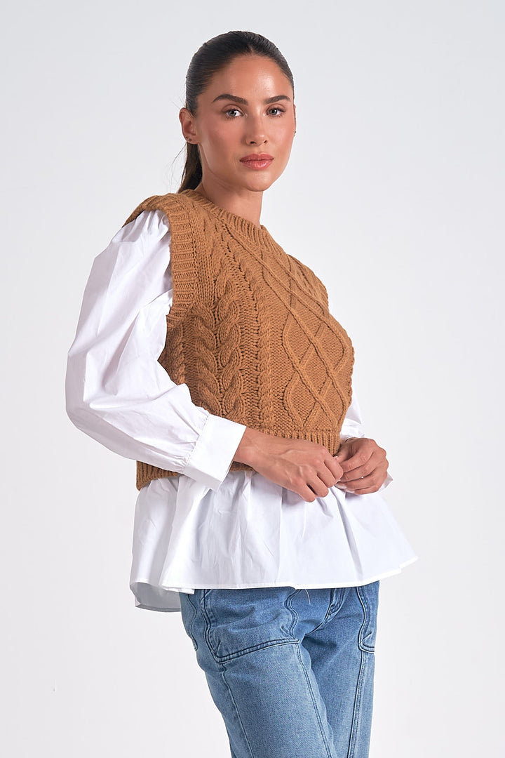 CABLE KNIT SWEATER VEST AND SHIRT - DARK TAN