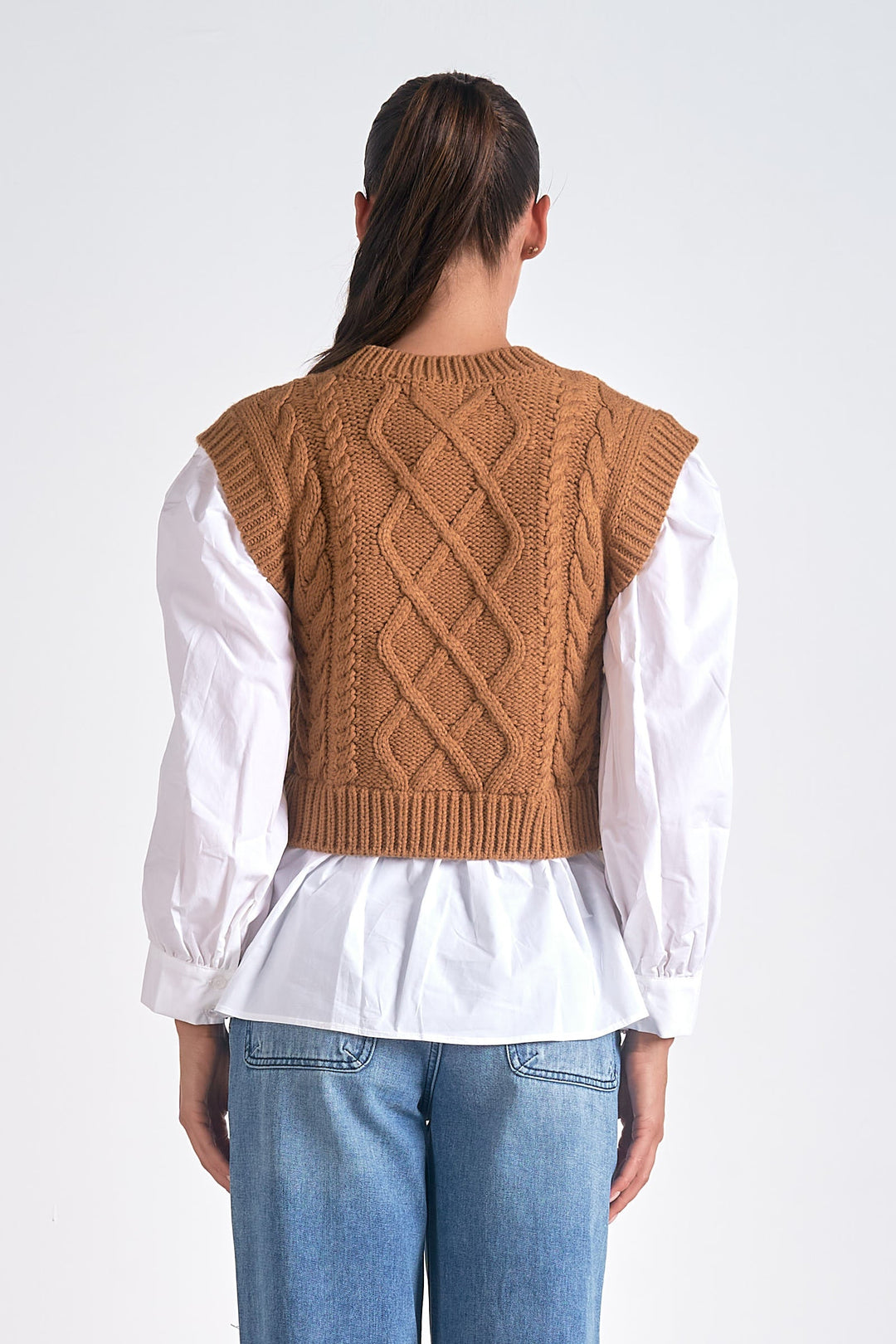 CABLE KNIT SWEATER VEST AND SHIRT - DARK TAN