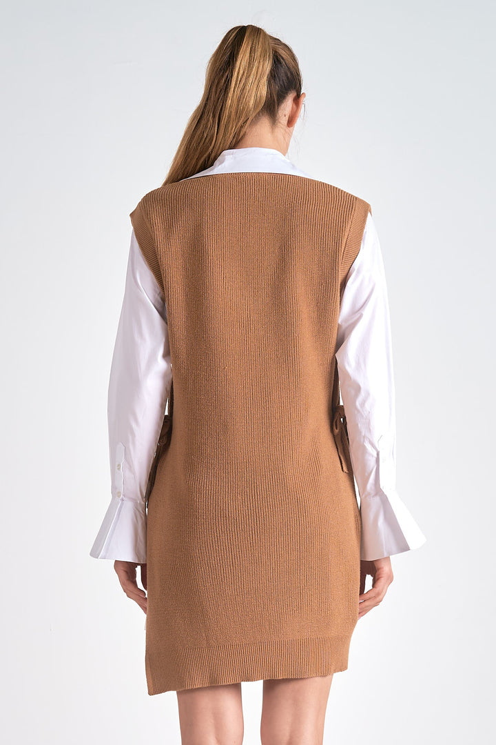 NIA V-NECK SWEATER & SHIRT DRESS - TAN