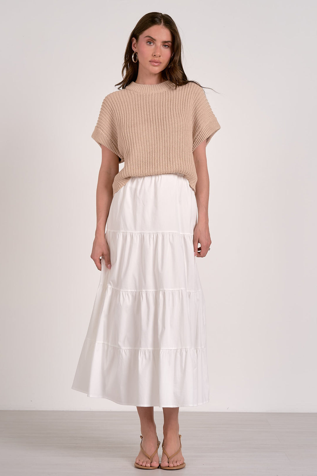 SHORT SLEEVE SWEATER MIDI DRESS COMBO - WHITE/BEIGE